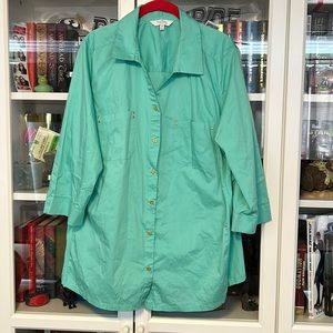 Bundle3&Save- Coral Bay 2X Teal button up blouse with gold accents